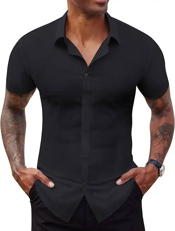 Men's Short Sleeve Stretch Slim Fit Casual Button Down Shirts