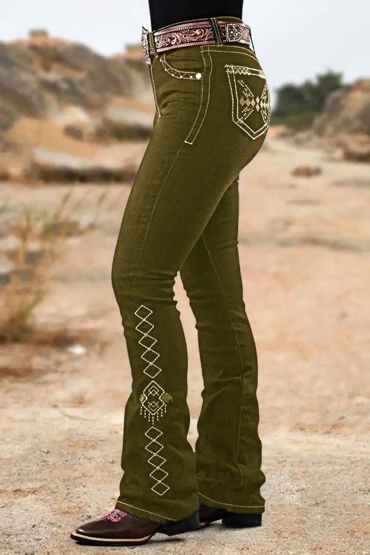 Wash Geo Embroidery Rhinestone Decor Mid Rise Bootcut Jeans Without Belt