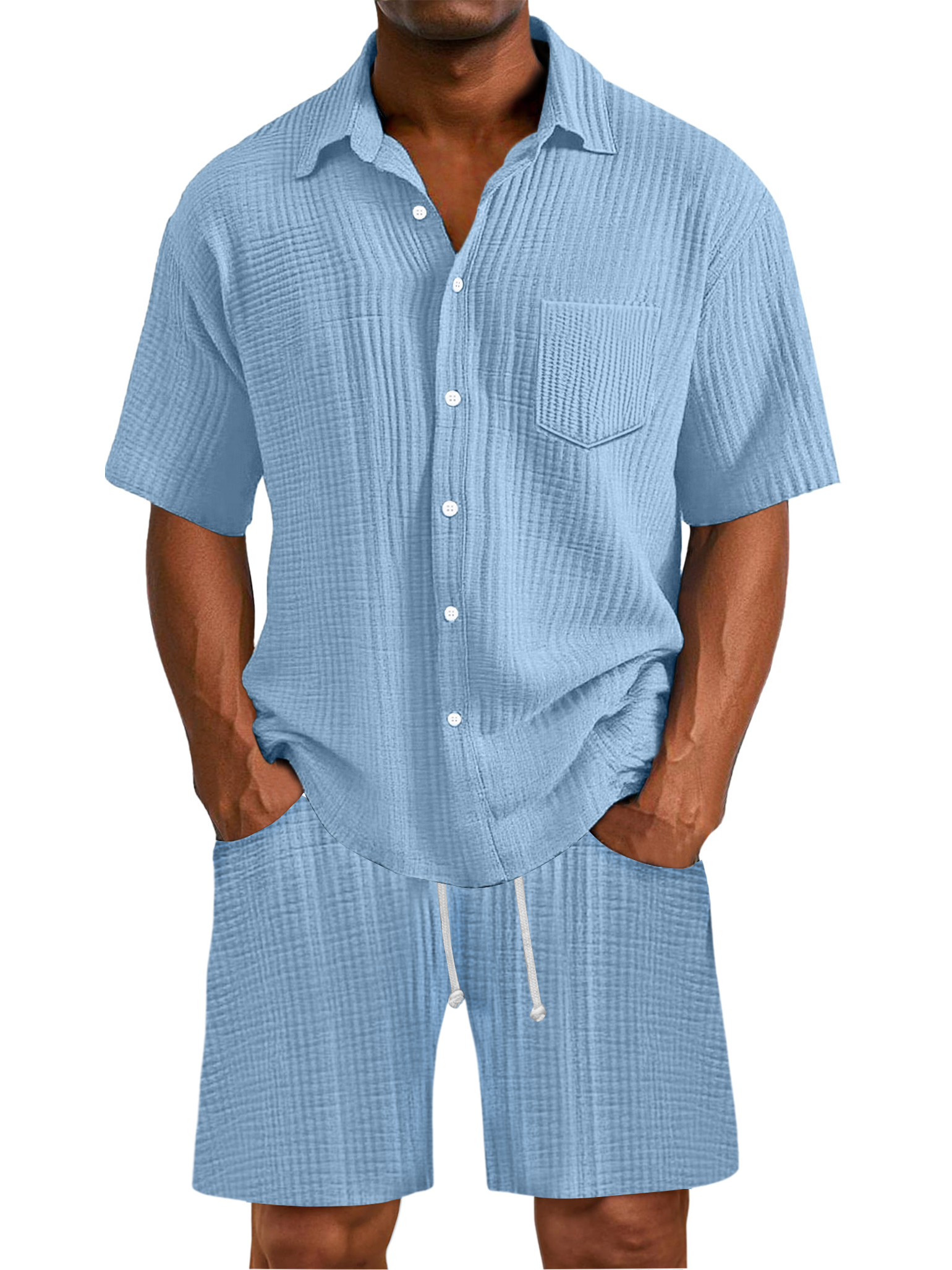 Men's Daily Wrinkled Texture Pocket Shirt Shorts Set