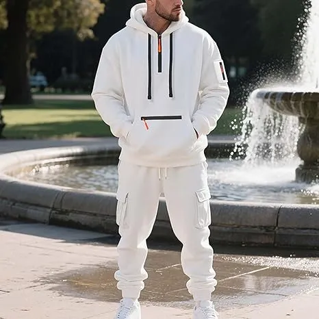 Men’s Fleece-Lined 2-Piece Tracksuit: Tactical Quarter-Zip Hoodie + Cargo Joggers