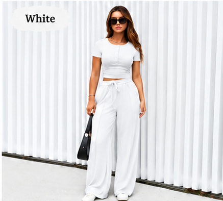 ⚡FINAL SALE⚡- Women's 2-Piece Outfits Summer Short Sleeve Crop Slim Fit Tops & Wide Leg Pants