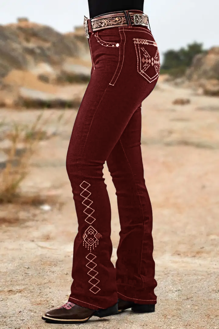 Wash Geo Embroidery Rhinestone Decor Mid Rise Bootcut Jeans Without Belt