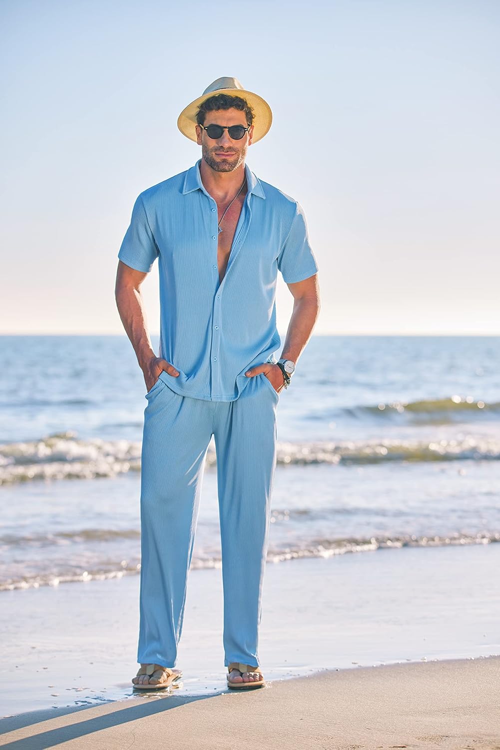 Men's 2 Piece Outfit Casual Short Sleeve Button Down Shirt Beach Summer Loose Pant Sets