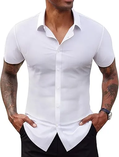 Men's Short Sleeve Stretch Slim Fit Casual Button Down Shirts