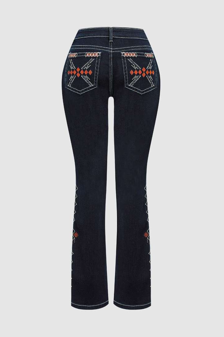 Wash Geo Embroidery Rhinestone Decor Mid Rise Bootcut Jeans Without Belt
