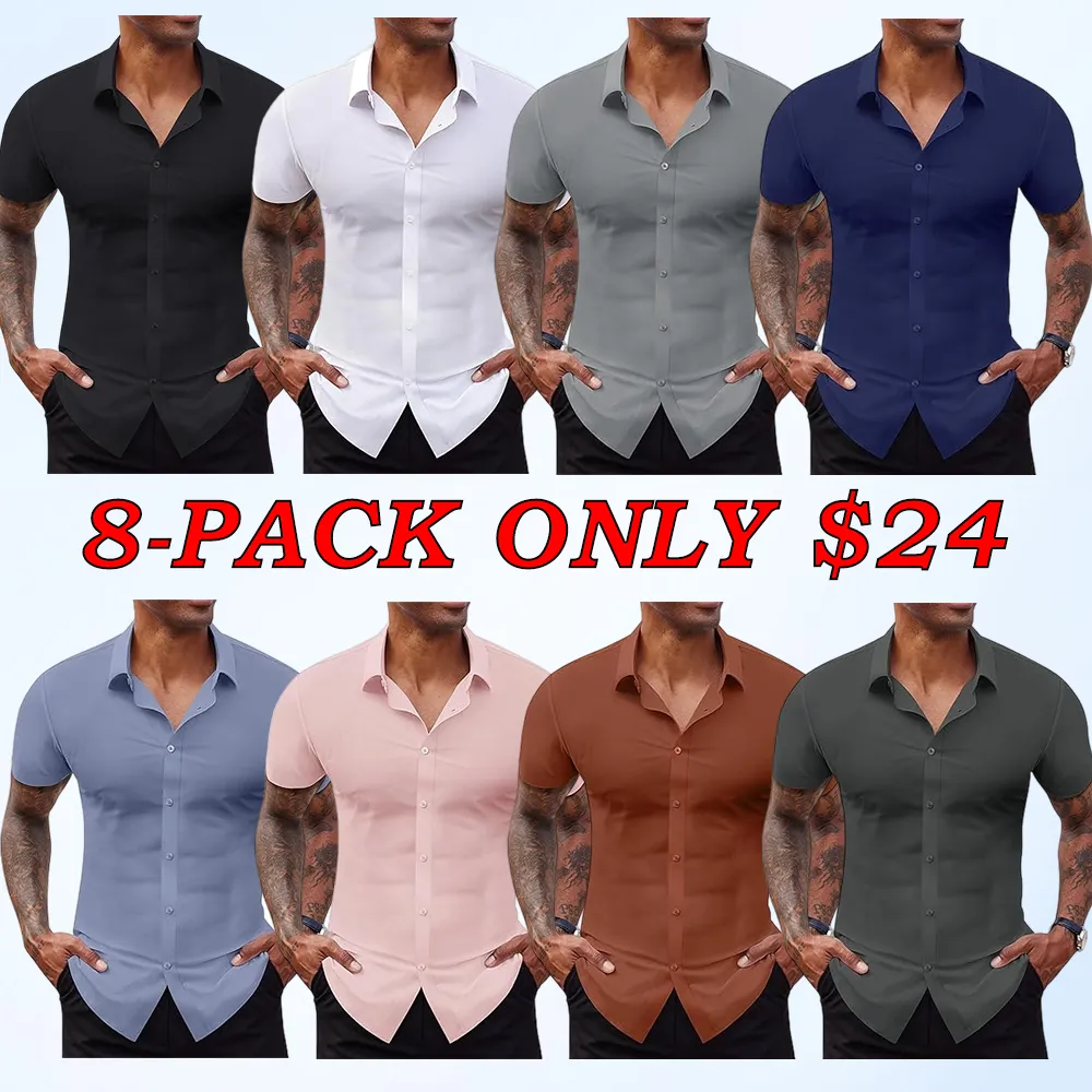 Men's Short Sleeve Stretch Slim Fit Casual Button Down Shirts