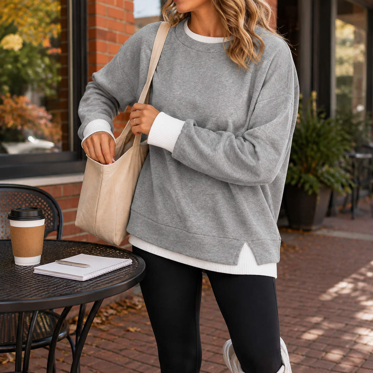 Heather gray faux-layered oversized sweatshirt at a college-town cafe