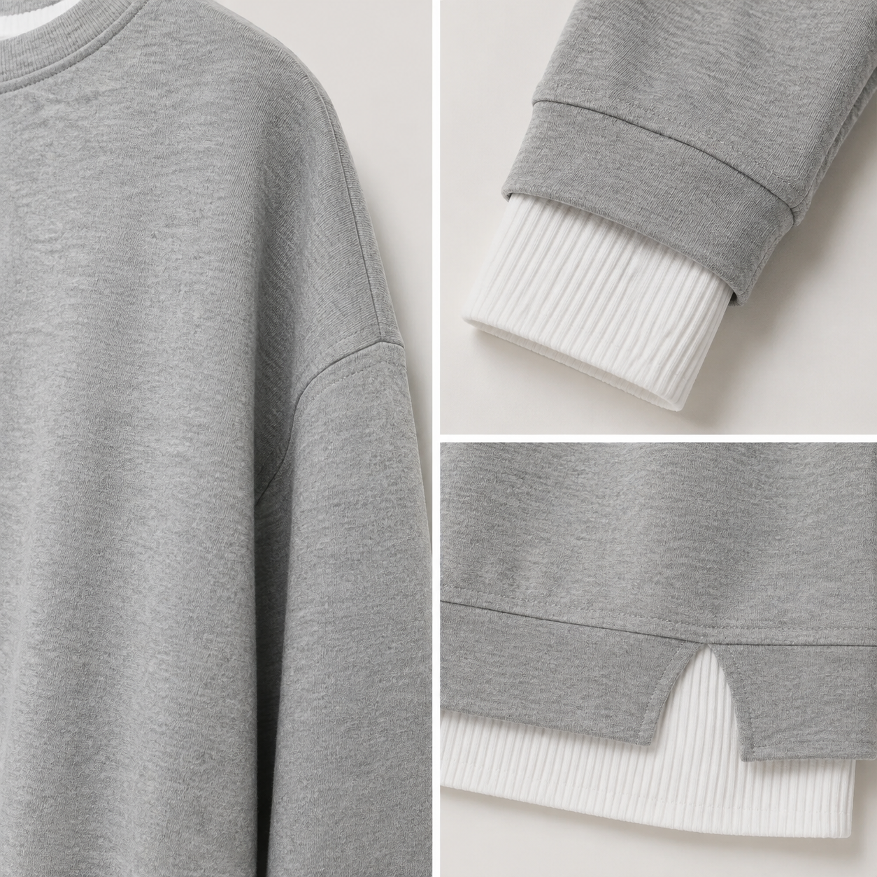 Close-up views of sweatshirt fabric white cuffs and layered side-slit hem