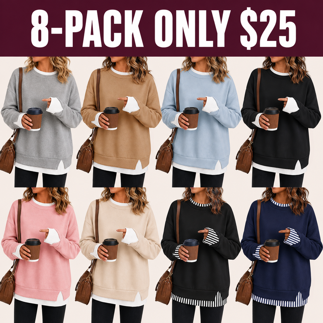Eight-pack faux-layered oversized crewneck sweatshirts in six solid and two striped-trim styles