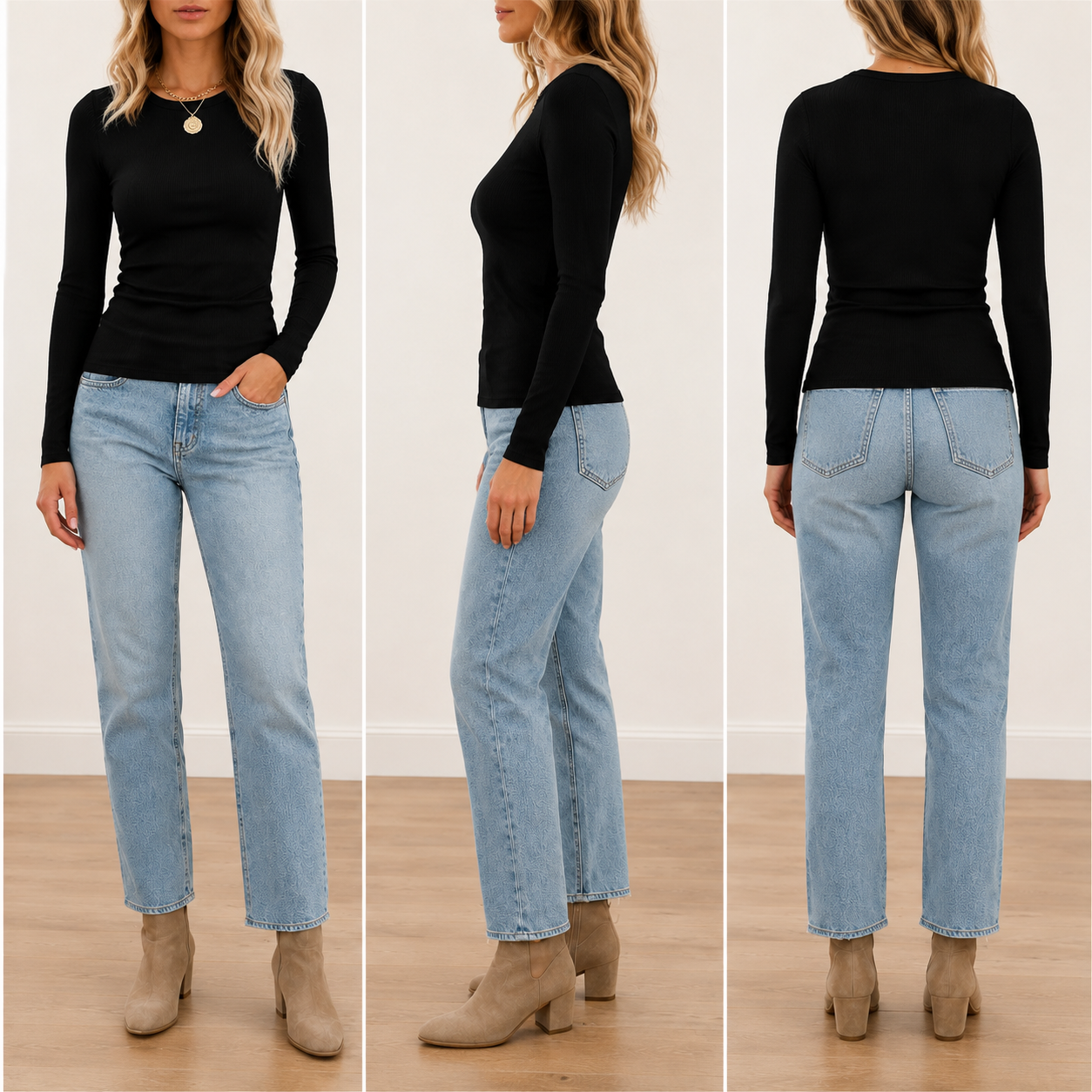 Fitted ribbed long sleeve top front side and back views