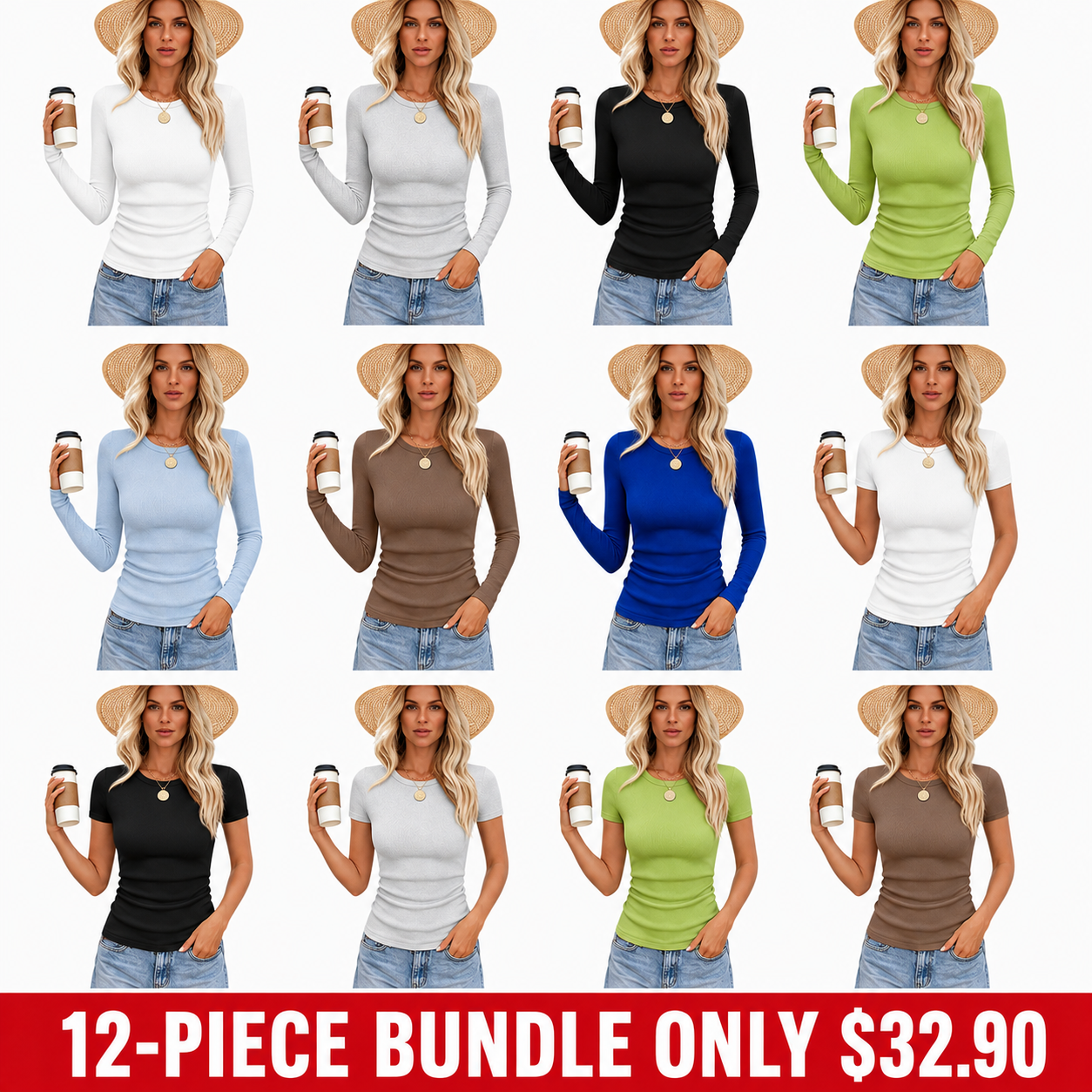 Twelve-piece fitted ribbed crewneck top bundle in long and short sleeves