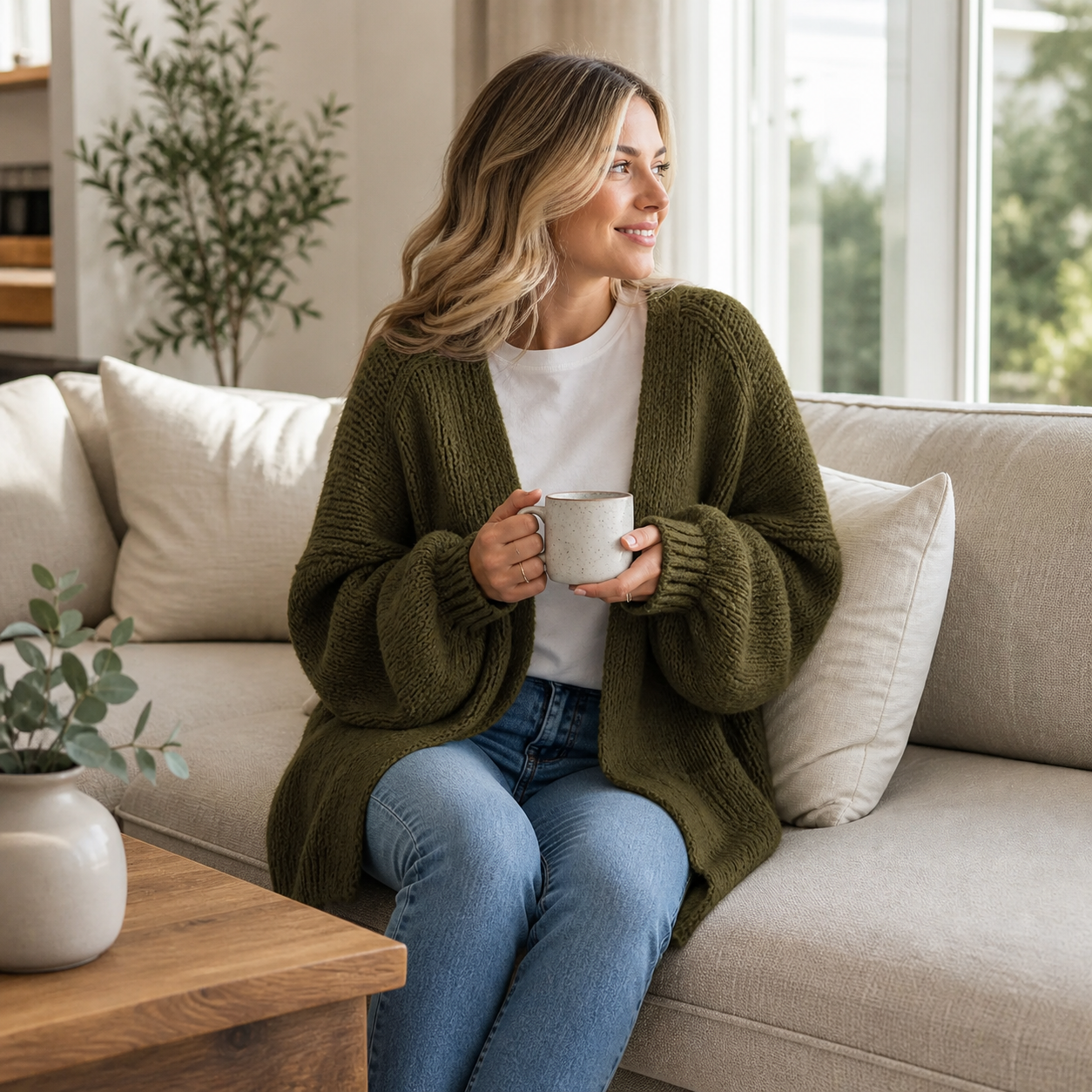 Original generated olive cardigan home lifestyle image