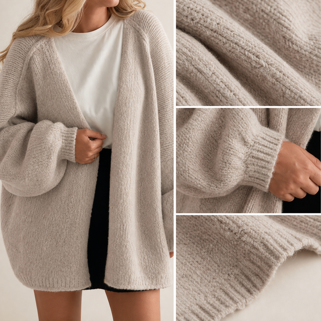Original generated cardigan knit sleeve cuff and hem details