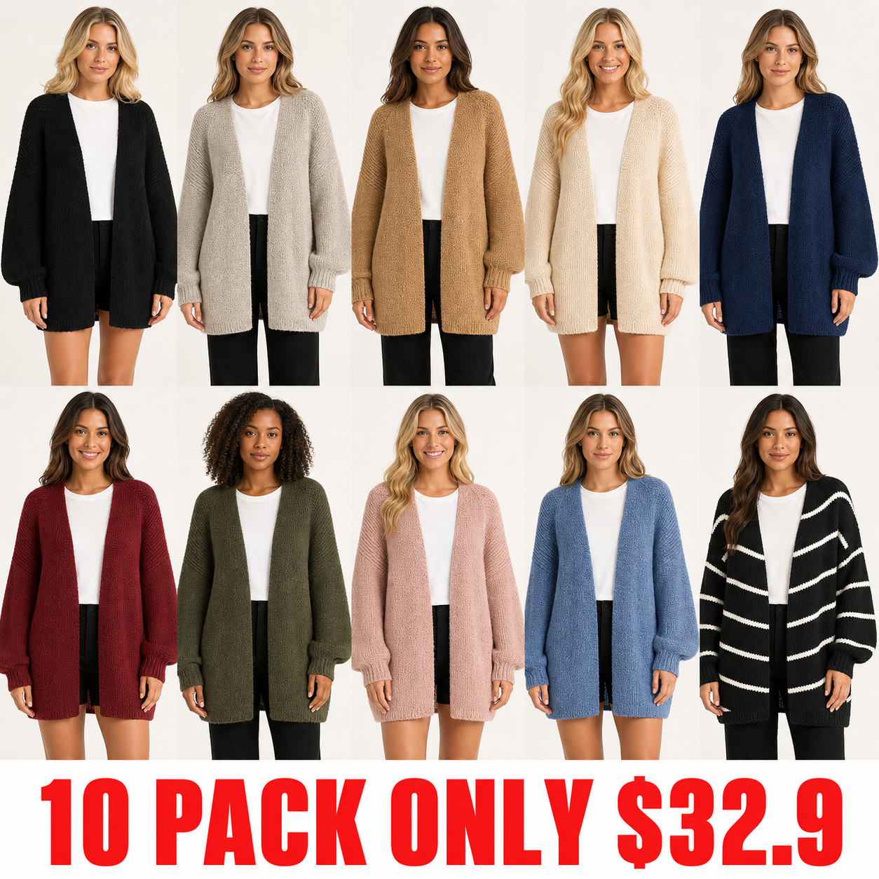 Ten-pack oversized open-front cardigan bundle in ten colors