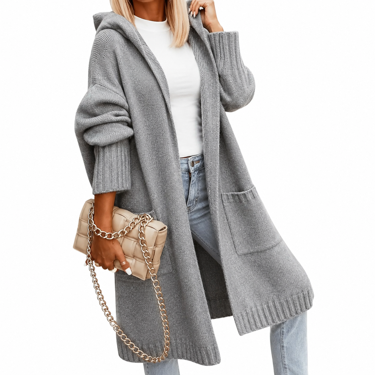 Gray hooded long cardigan