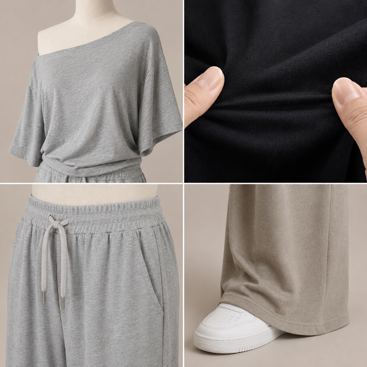 Close-up views of the neckline, stretch fabric, drawstring waist and wide-leg hem