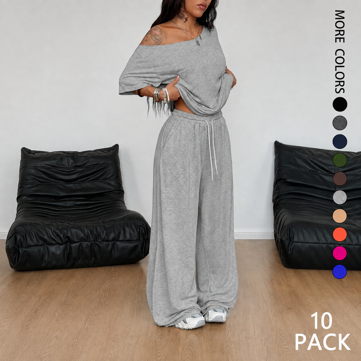 Gray off-shoulder wide-leg pants set, 10-pack bundle