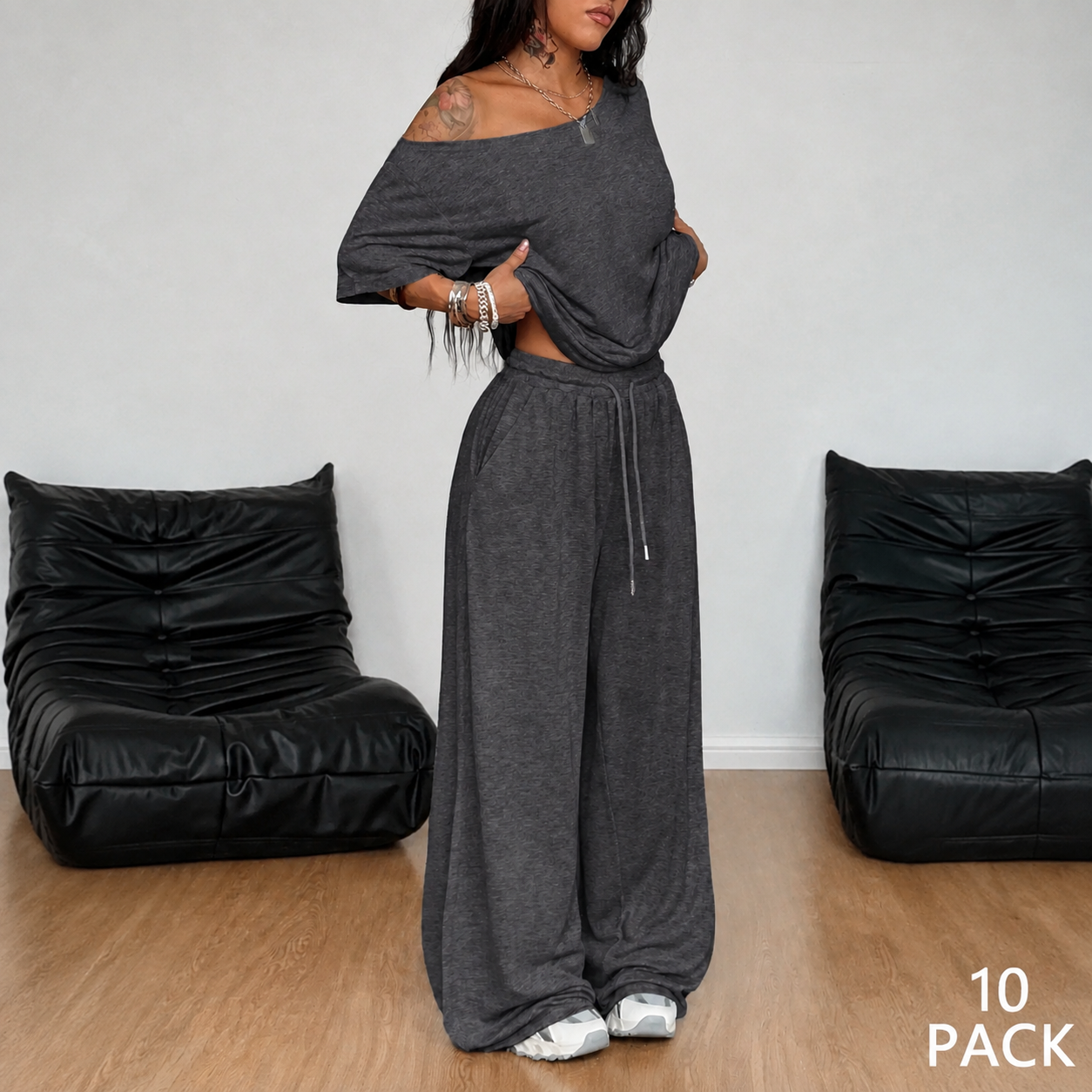 Dark gray off-shoulder wide-leg pants set, 10-pack bundle
