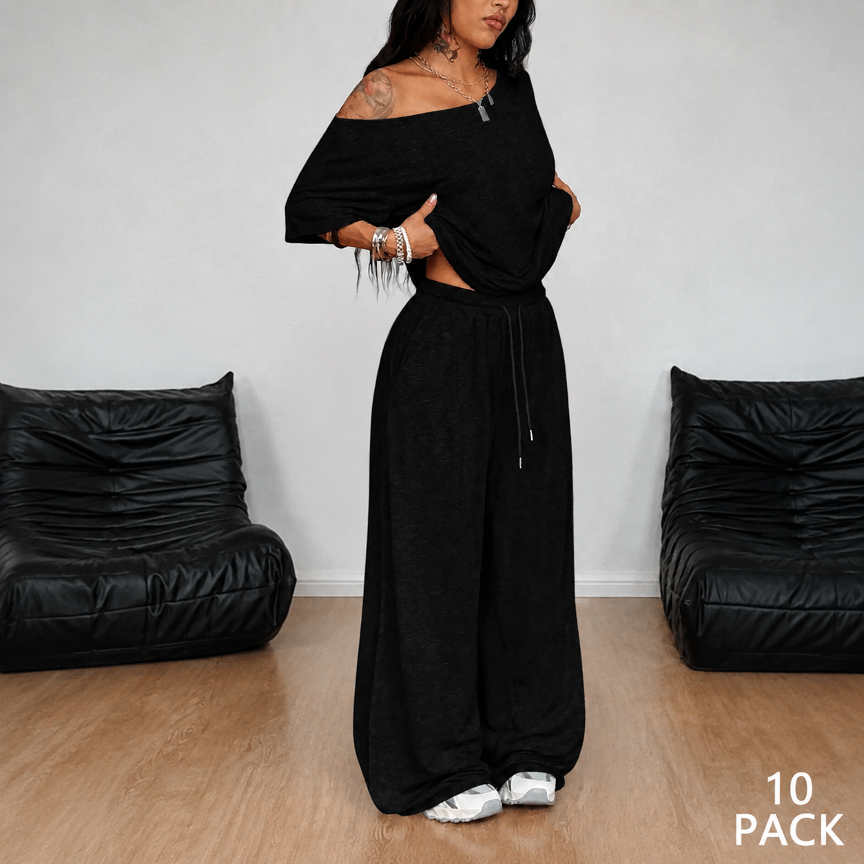 Black off-shoulder wide-leg pants set, 10-pack bundle