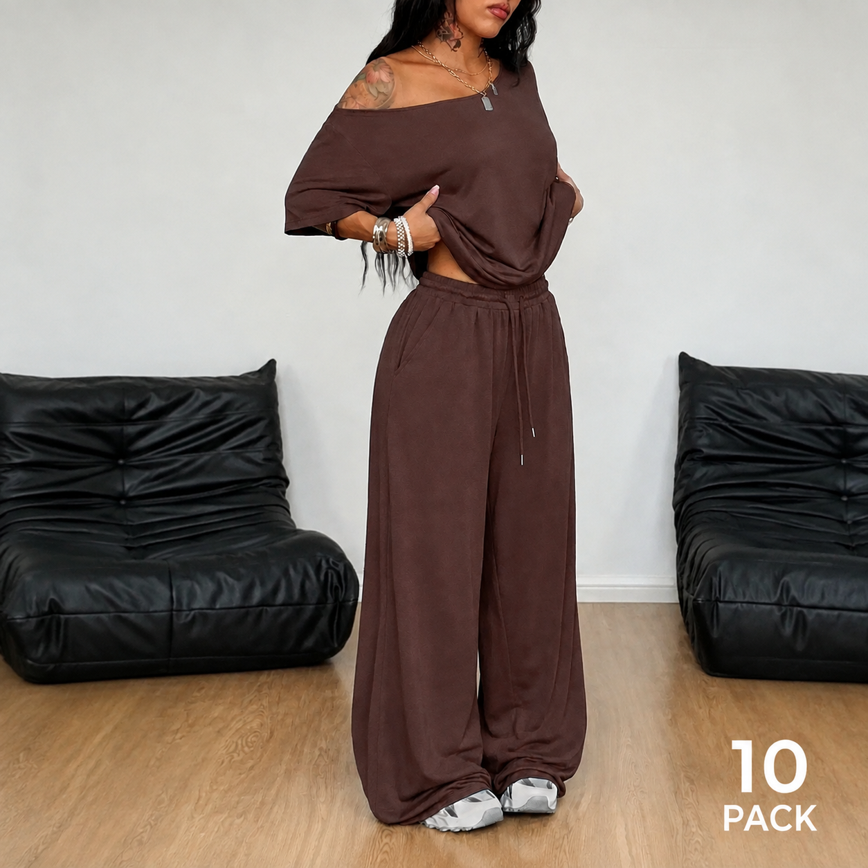 Brown off-shoulder wide-leg pants set, 10-pack bundle