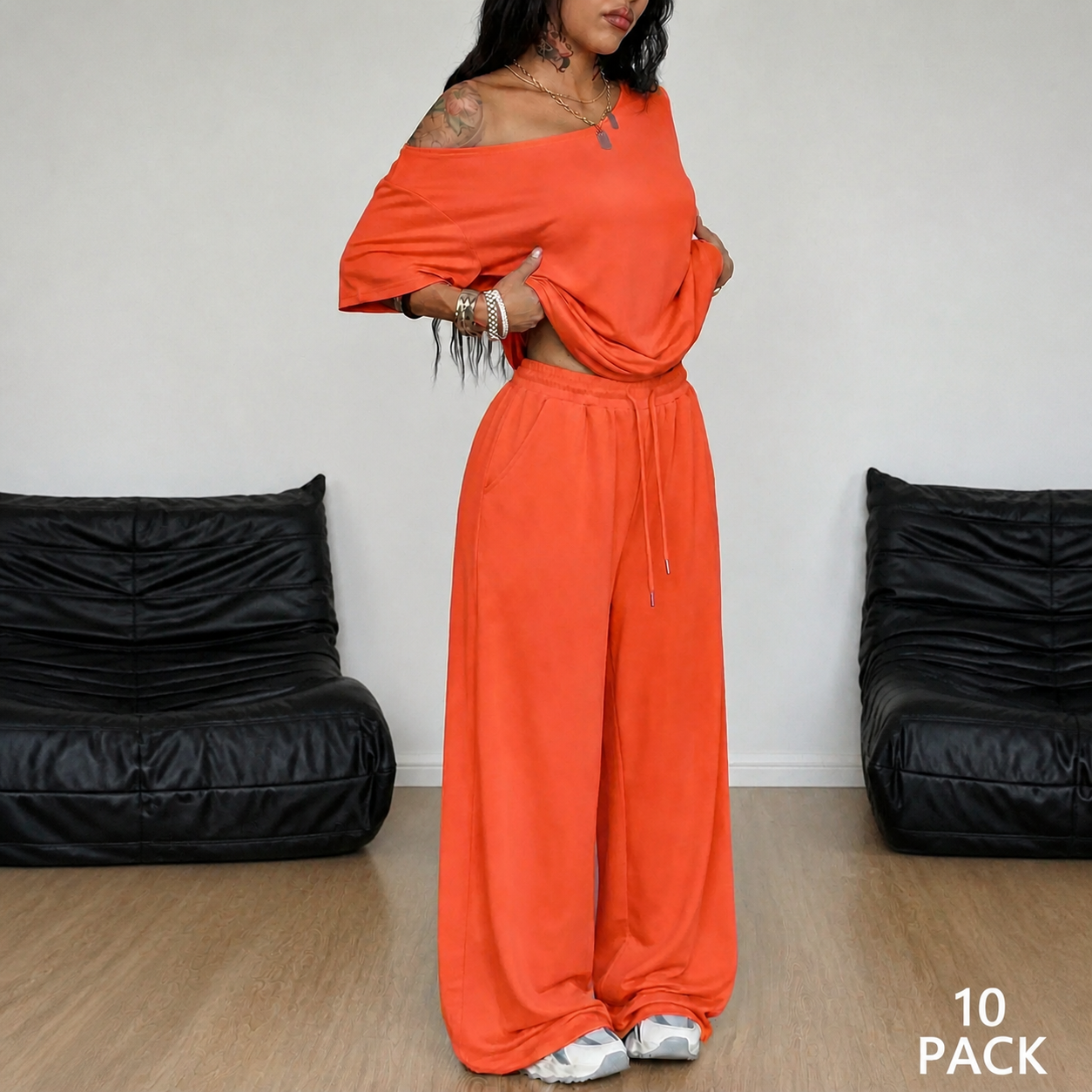 Orange off-shoulder wide-leg pants set, 10-pack bundle