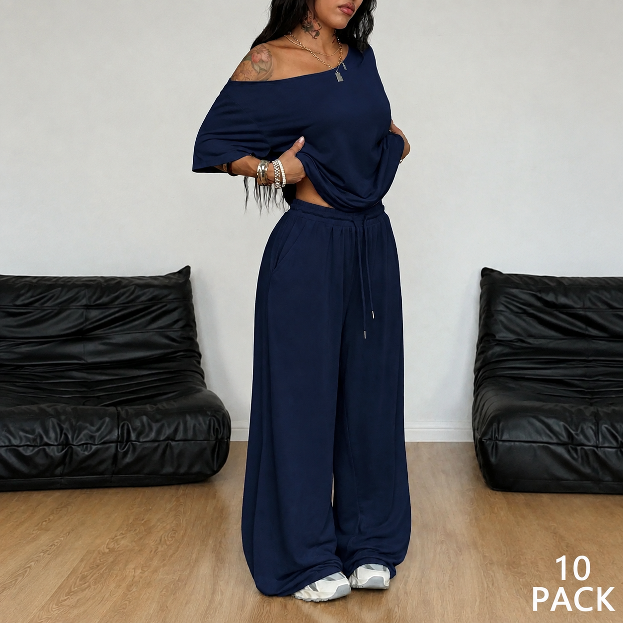 Navy blue off-shoulder wide-leg pants set, 10-pack bundle