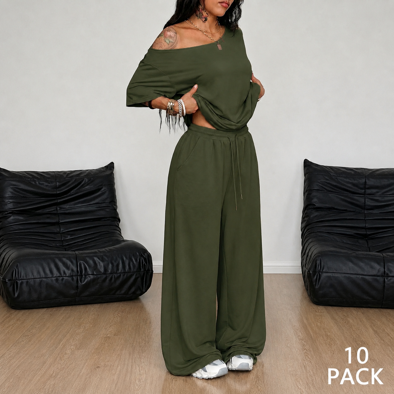 Army green off-shoulder wide-leg pants set, 10-pack bundle