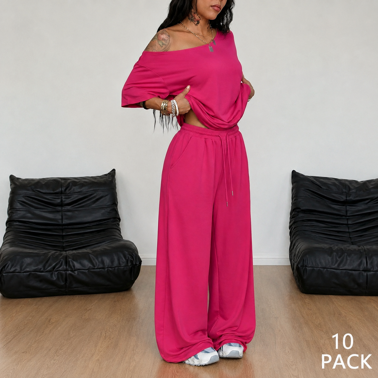 Hot pink off-shoulder wide-leg pants set, 10-pack bundle