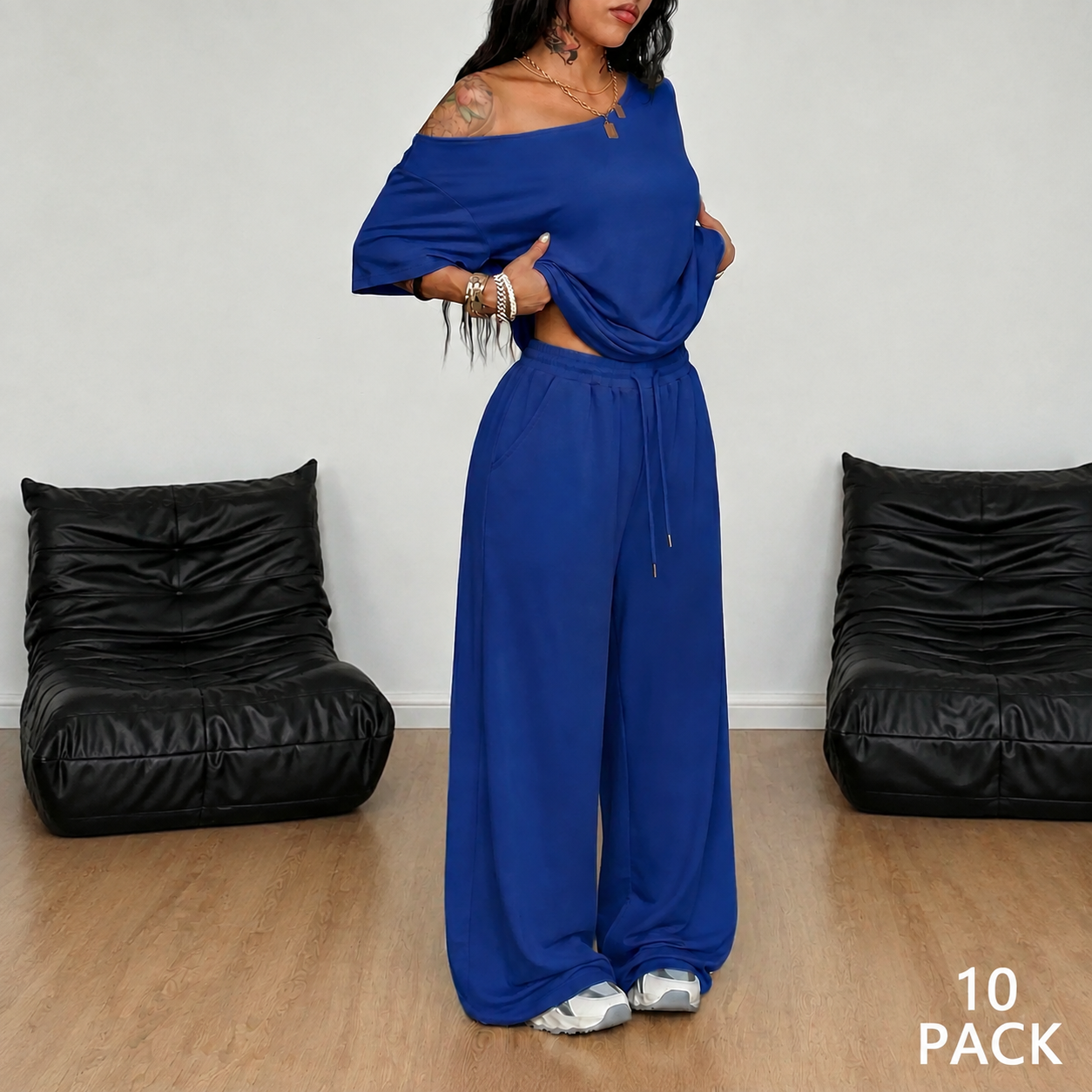 Dark blue off-shoulder wide-leg pants set, 10-pack bundle