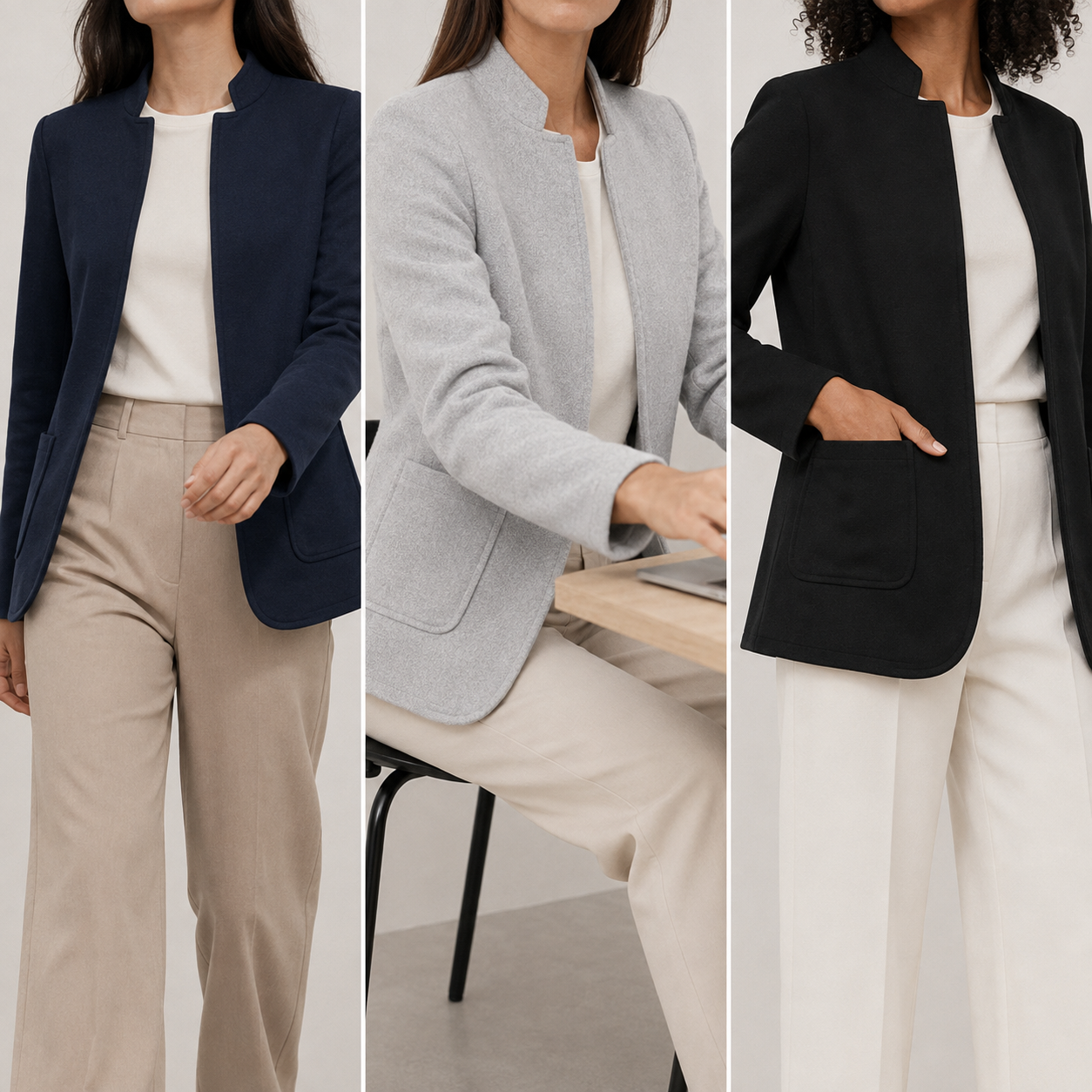 Navy Light Gray and Black blazers shown in natural movement