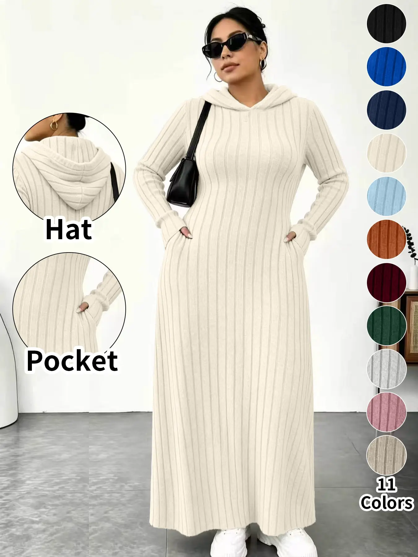 ⚡11-COLOR FAVORITE⚡ Plus Size Hooded Long Knit Dress with Pockets - Apricot