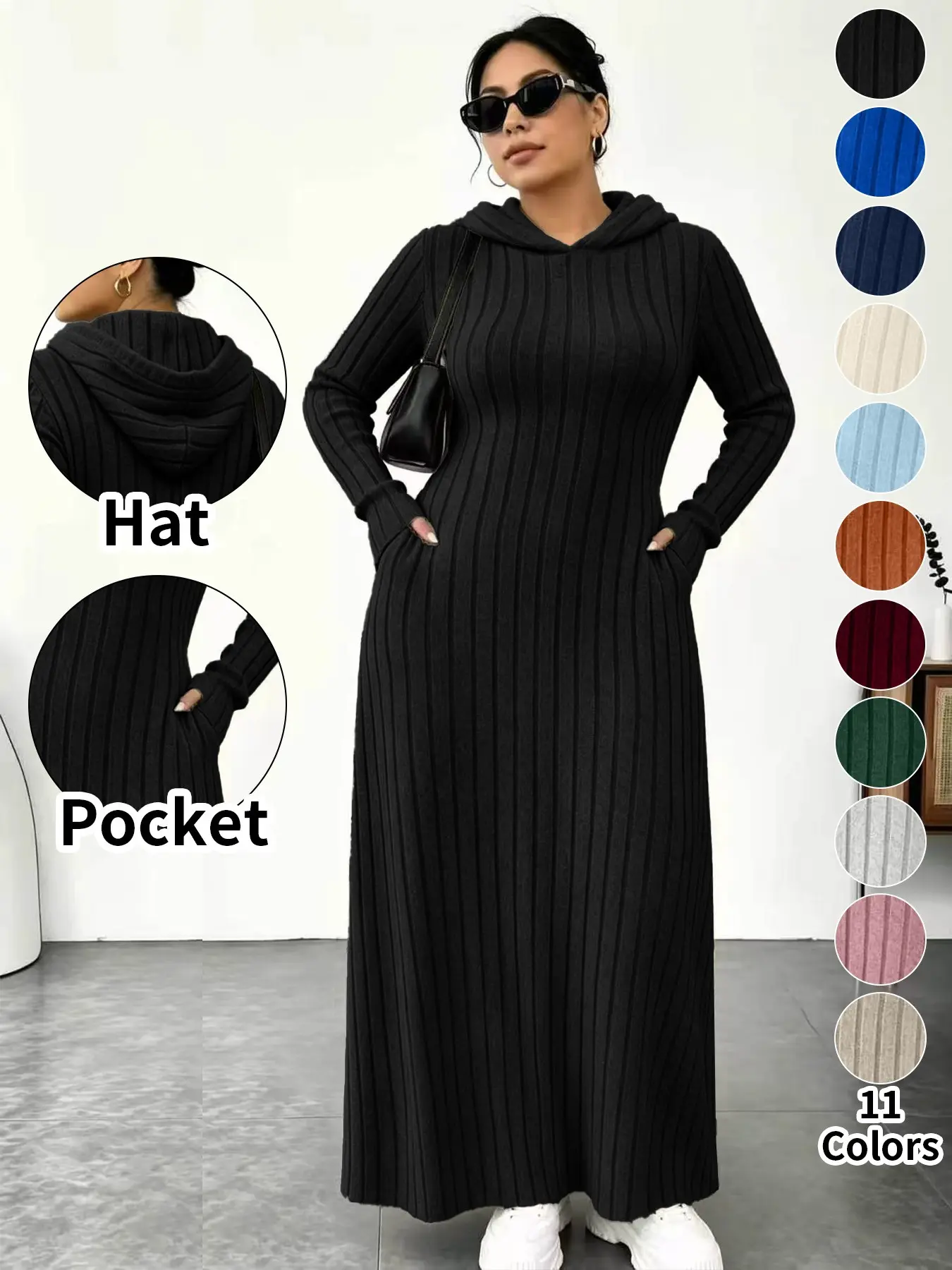 ⚡11-COLOR FAVORITE⚡ Plus Size Hooded Long Knit Dress with Pockets - Black