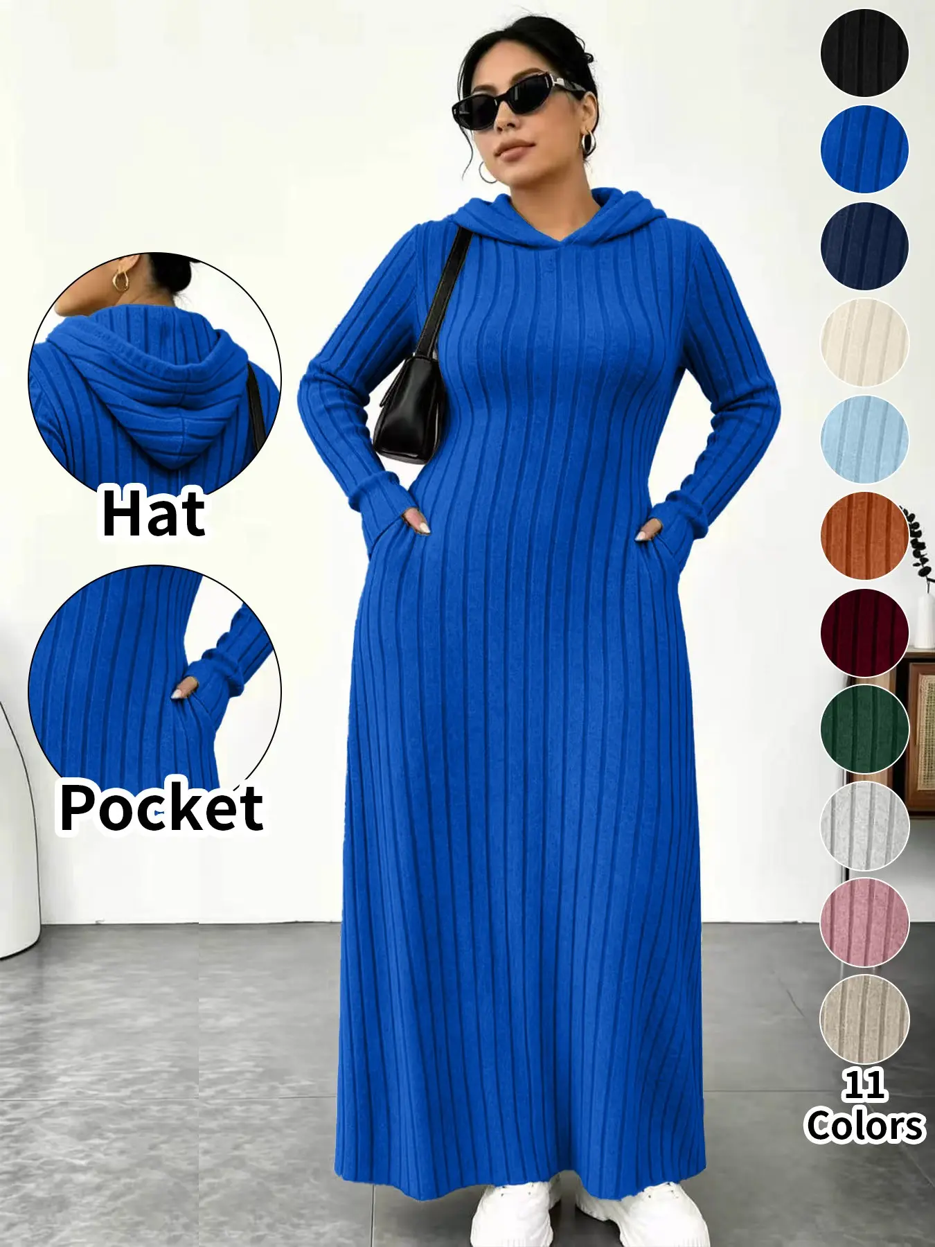 ⚡11-COLOR FAVORITE⚡ Plus Size Hooded Long Knit Dress with Pockets - Blue