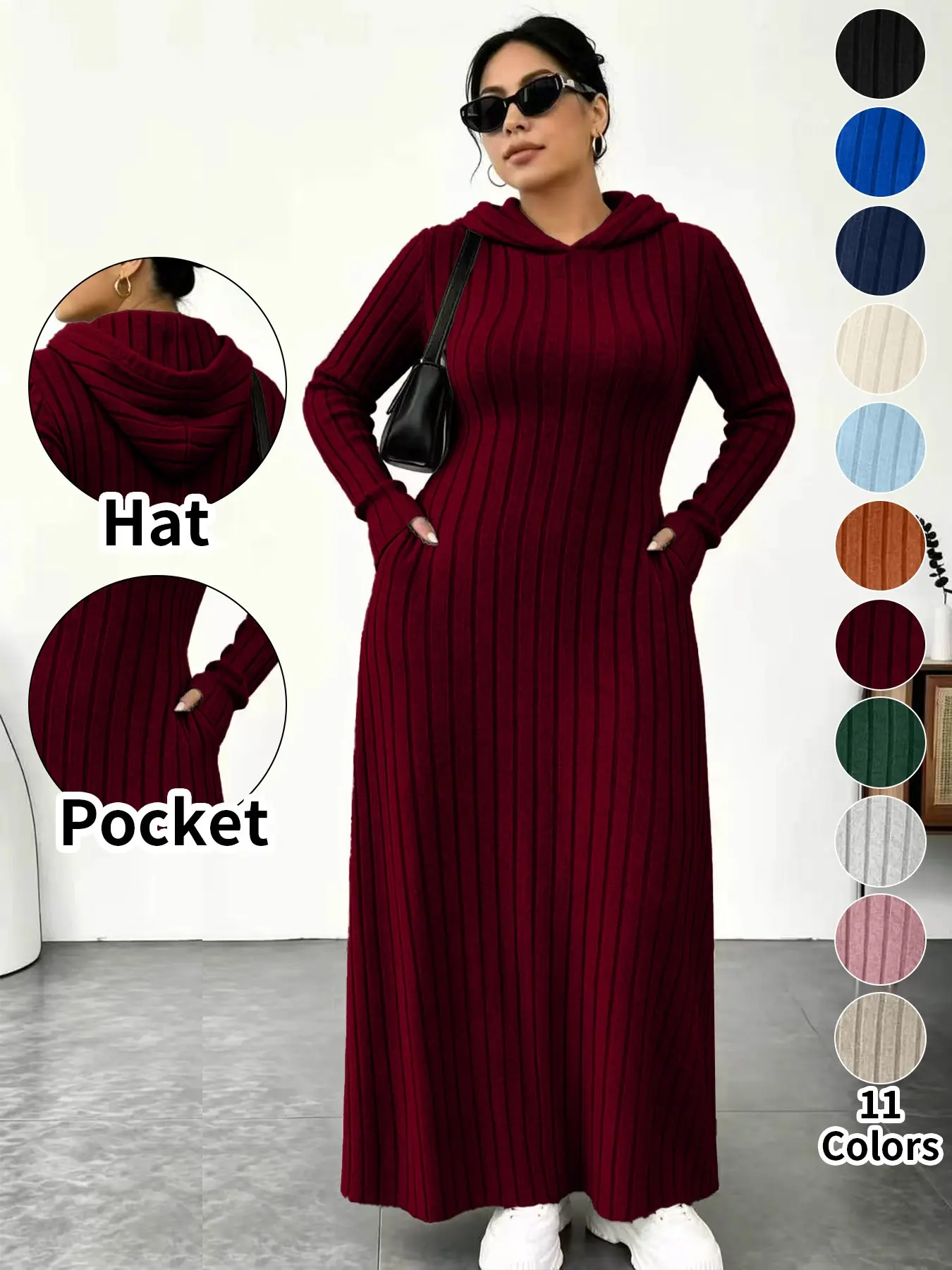 ⚡11-COLOR FAVORITE⚡ Plus Size Hooded Long Knit Dress with Pockets - Burgundy