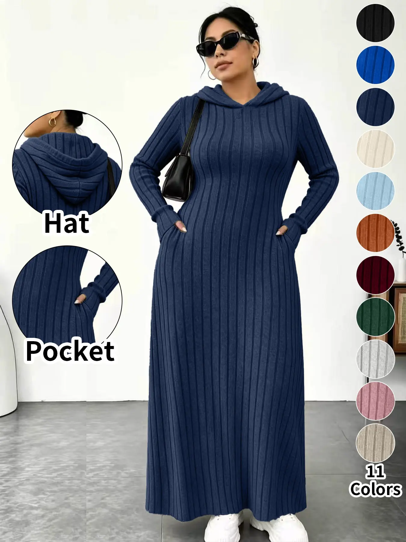 ⚡11-COLOR FAVORITE⚡ Plus Size Hooded Long Knit Dress with Pockets - Dark Blue