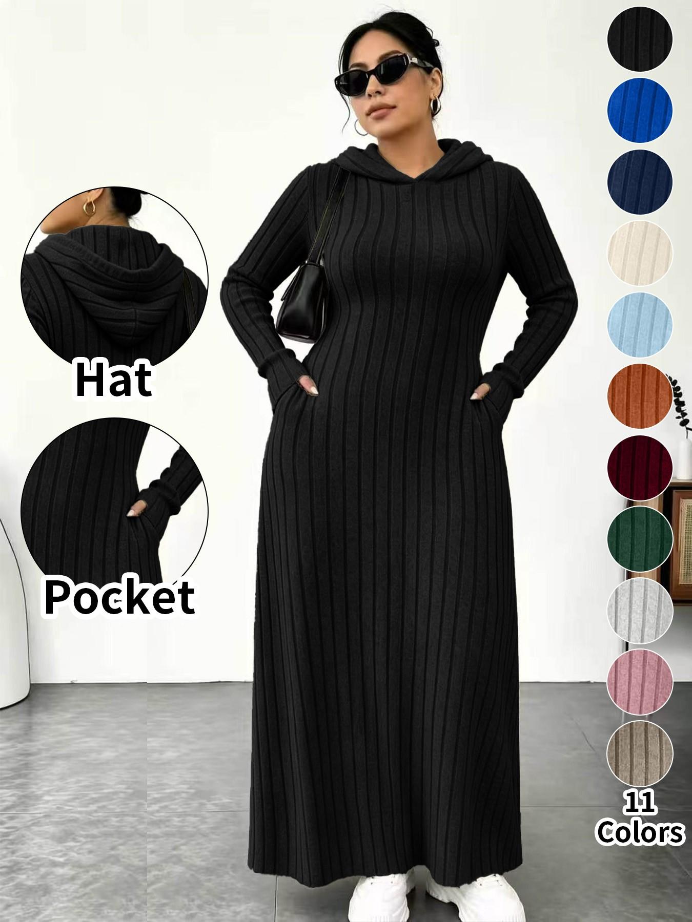 ⚡11-COLOR FAVORITE⚡ Plus Size Hooded Long Knit Dress with Pockets product detail 2