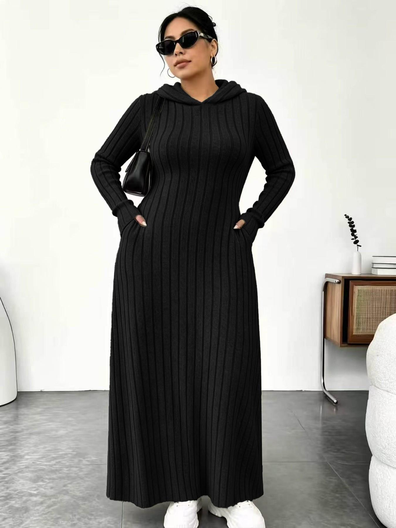 ⚡11-COLOR FAVORITE⚡ Plus Size Hooded Long Knit Dress with Pockets product detail 5