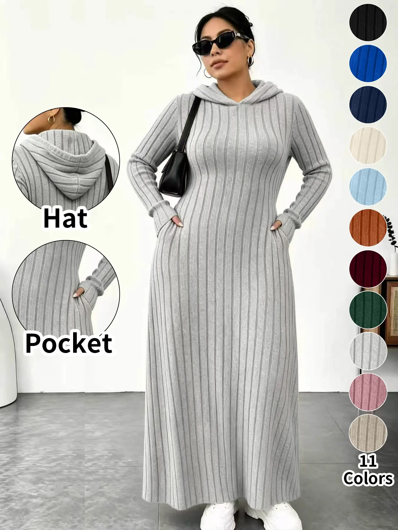 ⚡11-COLOR FAVORITE⚡ Plus Size Hooded Long Knit Dress with Pockets - Gray