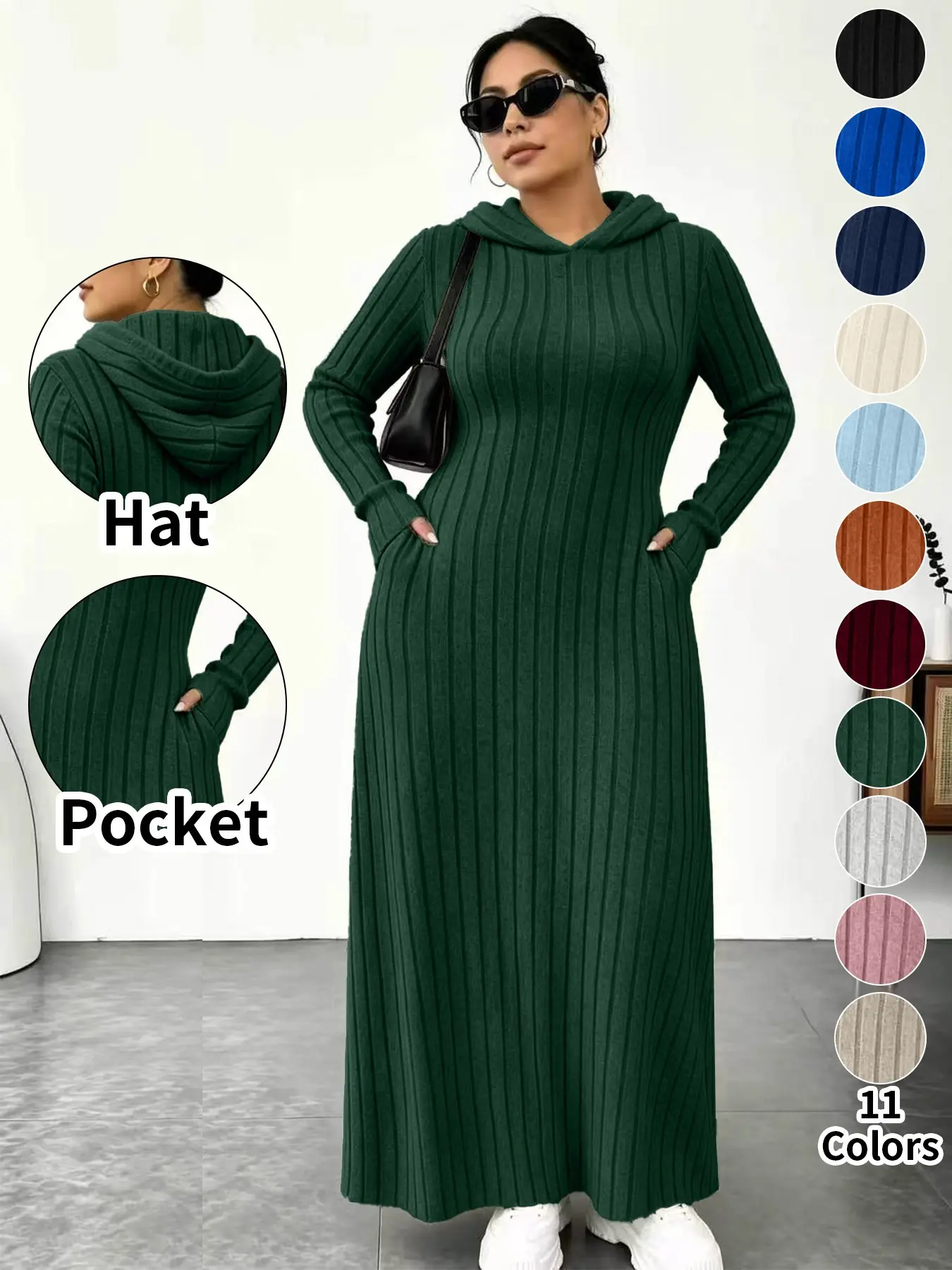 ⚡11-COLOR FAVORITE⚡ Plus Size Hooded Long Knit Dress with Pockets - Green