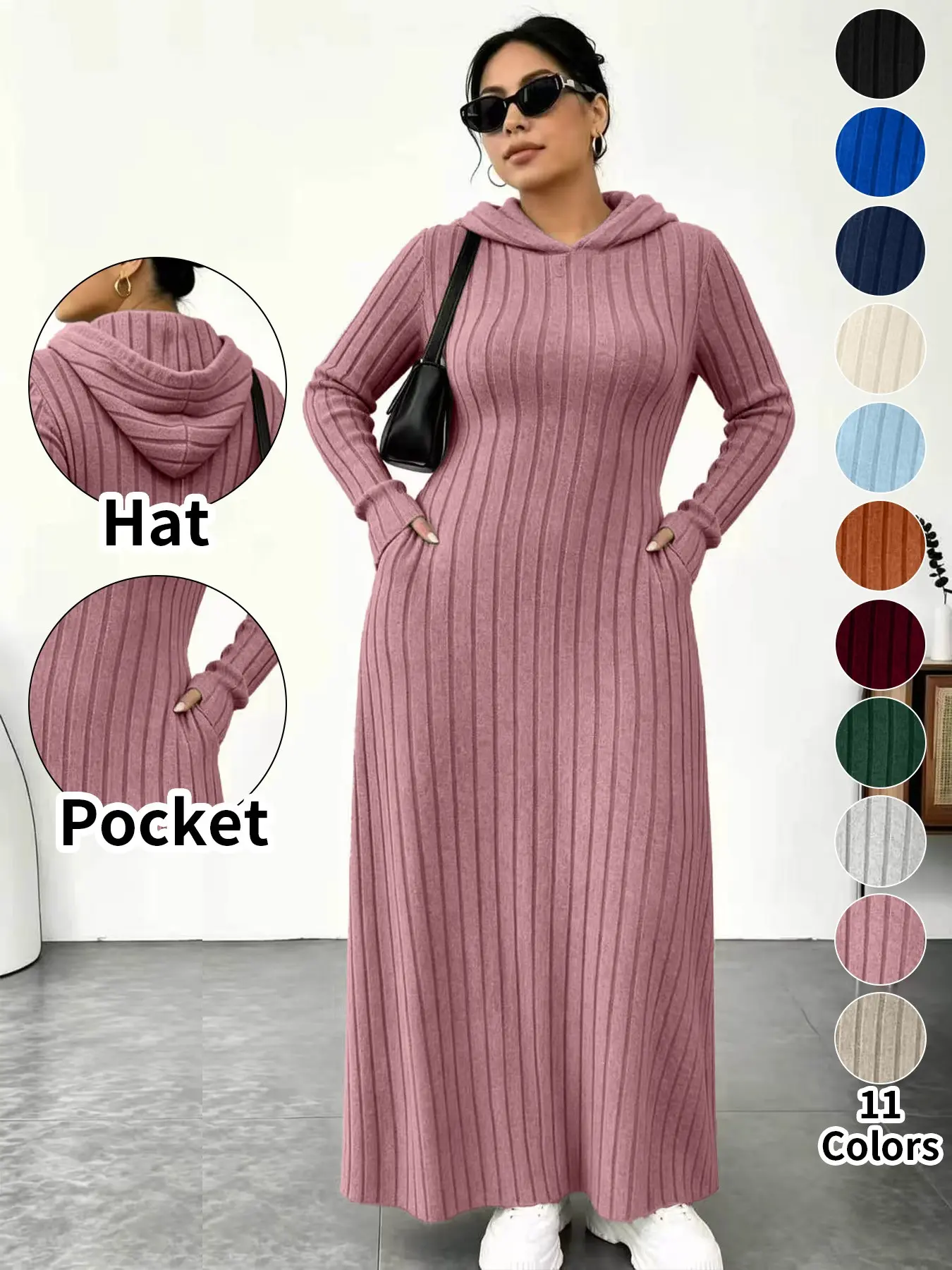 ⚡11-COLOR FAVORITE⚡ Plus Size Hooded Long Knit Dress with Pockets - Hot Pink