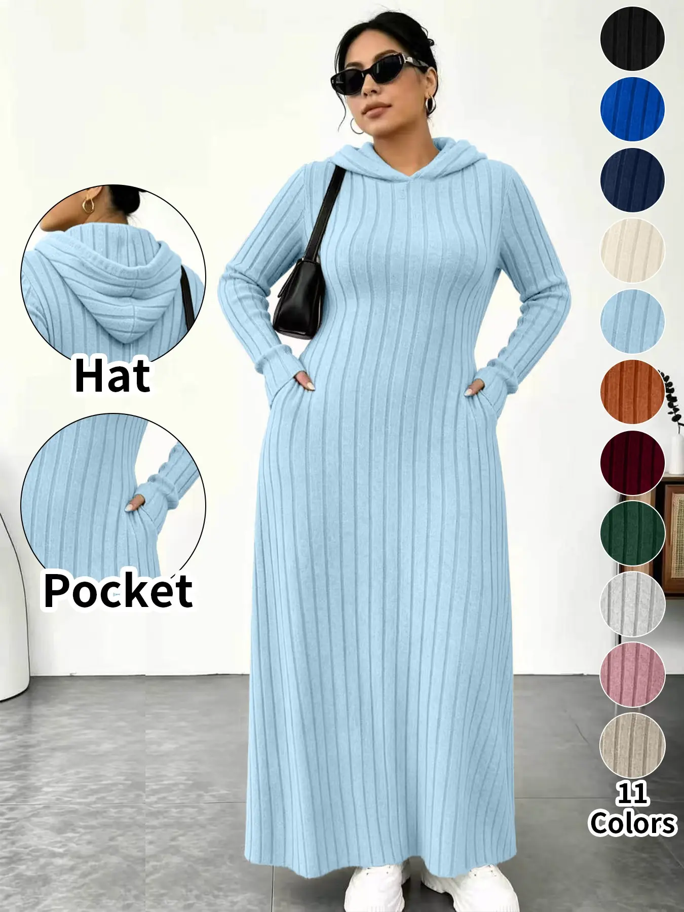 ⚡11-COLOR FAVORITE⚡ Plus Size Hooded Long Knit Dress with Pockets - Light Wash