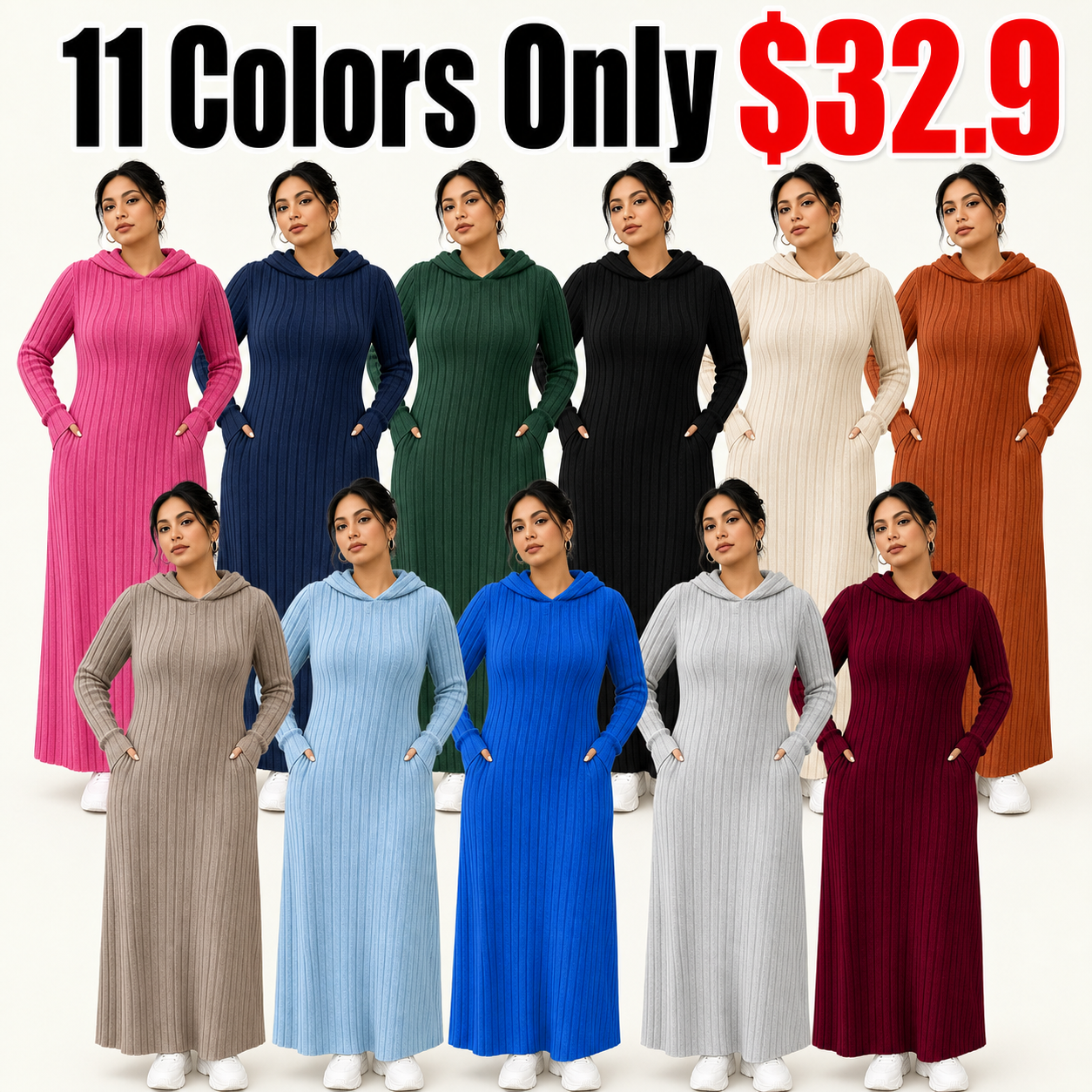 11 colors of plus size hooded long ribbed knit dress - only $32.9