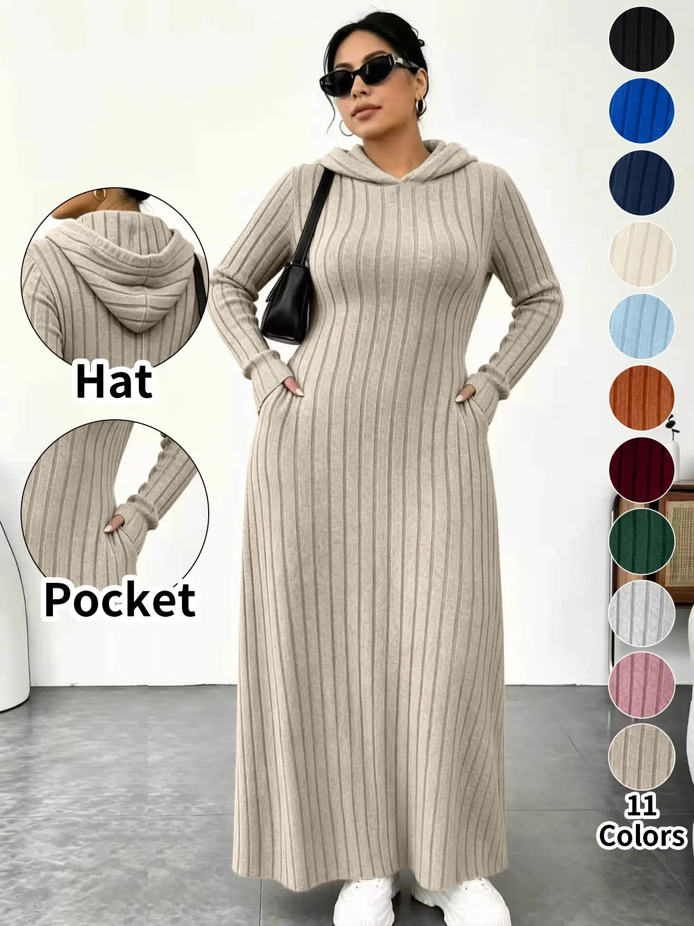 ⚡11-COLOR FAVORITE⚡ Plus Size Hooded Long Knit Dress with Pockets - Mocha Brown