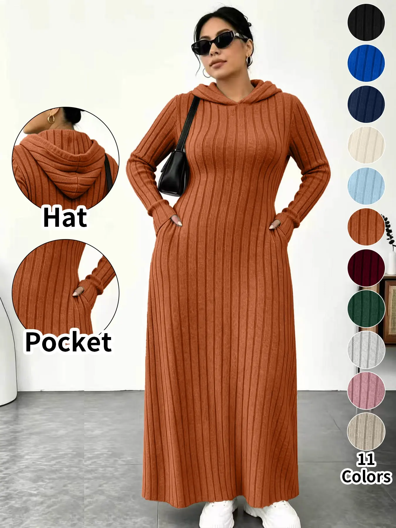 ⚡11-COLOR FAVORITE⚡ Plus Size Hooded Long Knit Dress with Pockets - Reddish Orange