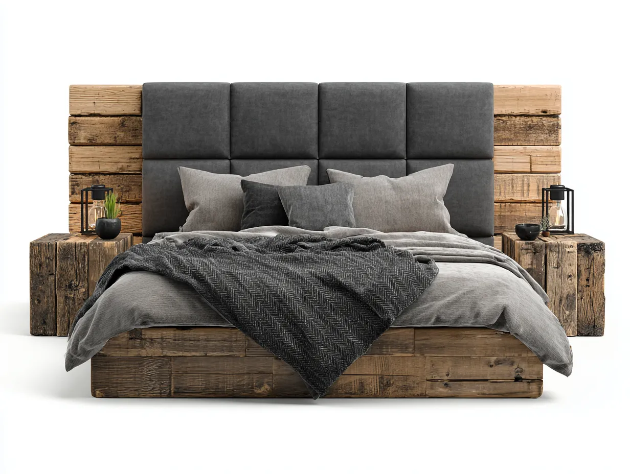 Lit double - bois massif-tissu - 210x168x115 cm - brun-gris foncé - style industriel moderne-Roommyhome