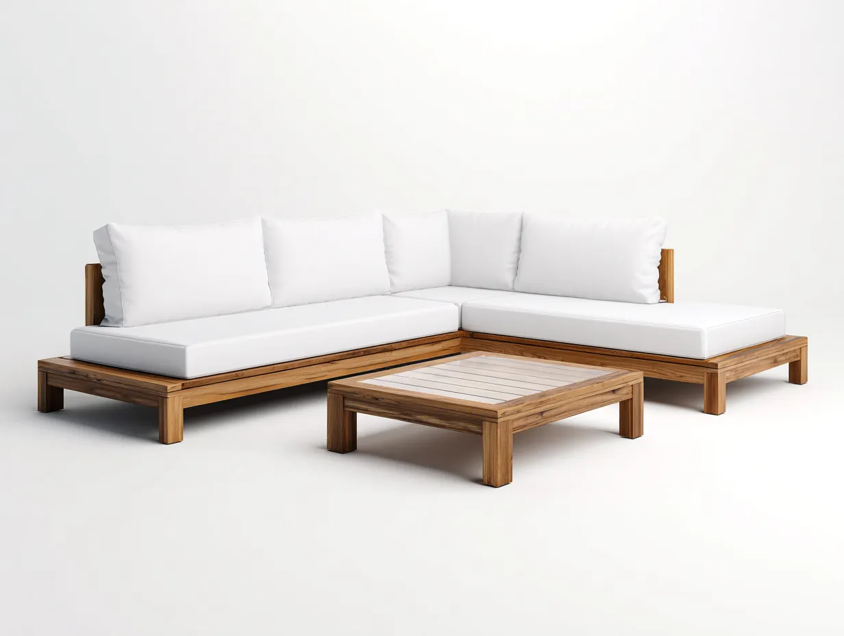 Canapé de jardin-Bois massif-Tissu-232 x 165 x 72 cm-Blanc-Bois naturel-Style moderne-Roommyhome