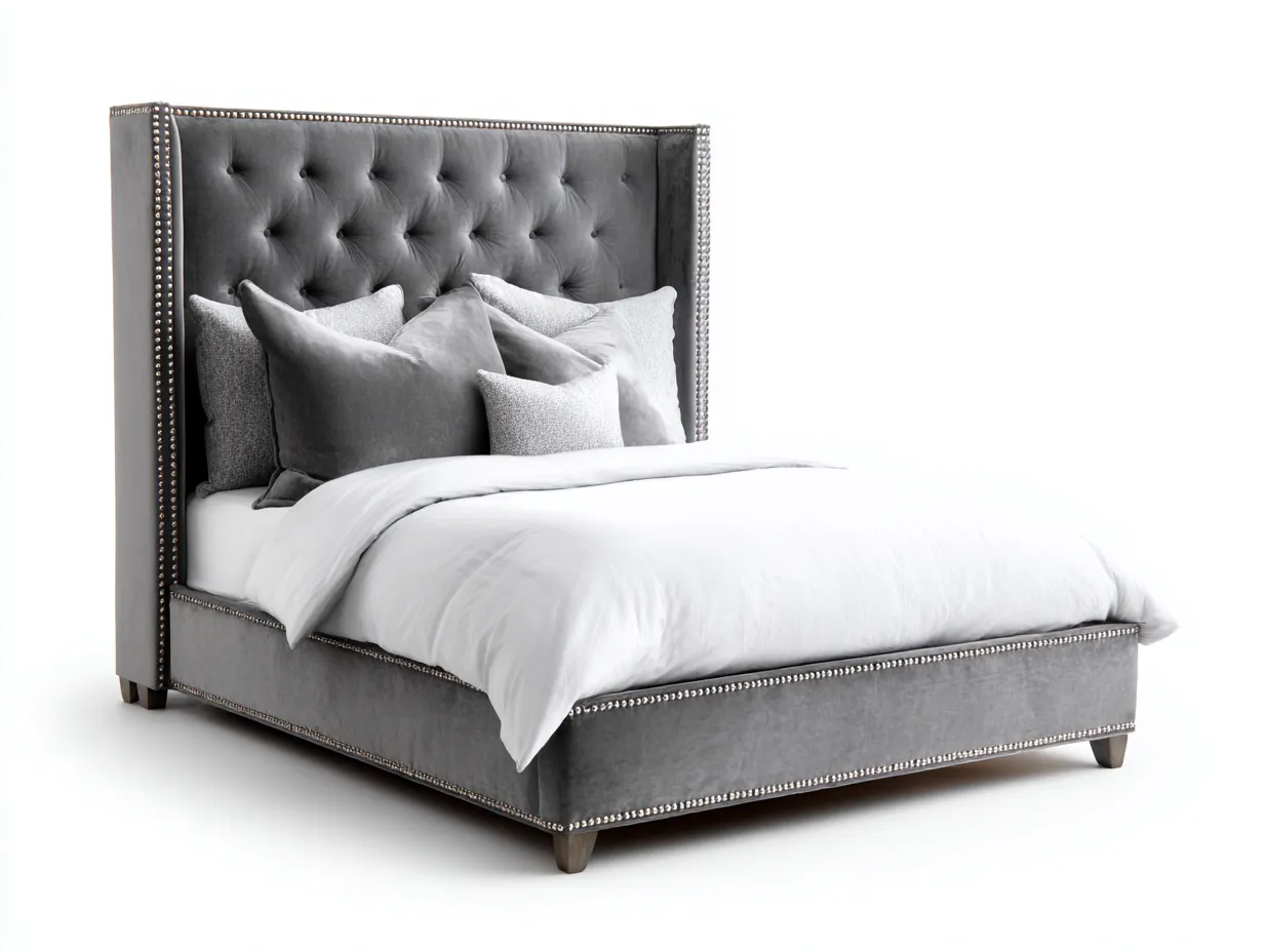 Lit double - tissu velours-bois - 216x186x130 cm - gris - style classique luxueux-Roommyhome