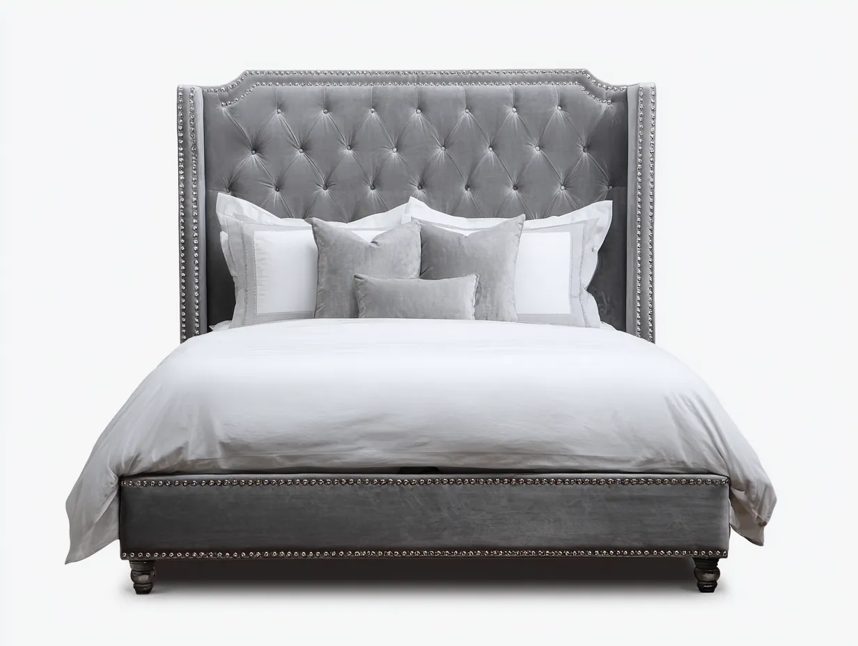 Lit double - tissu velours-bois - 214x182x125 cm - gris - style classique élégant-Roommyhome