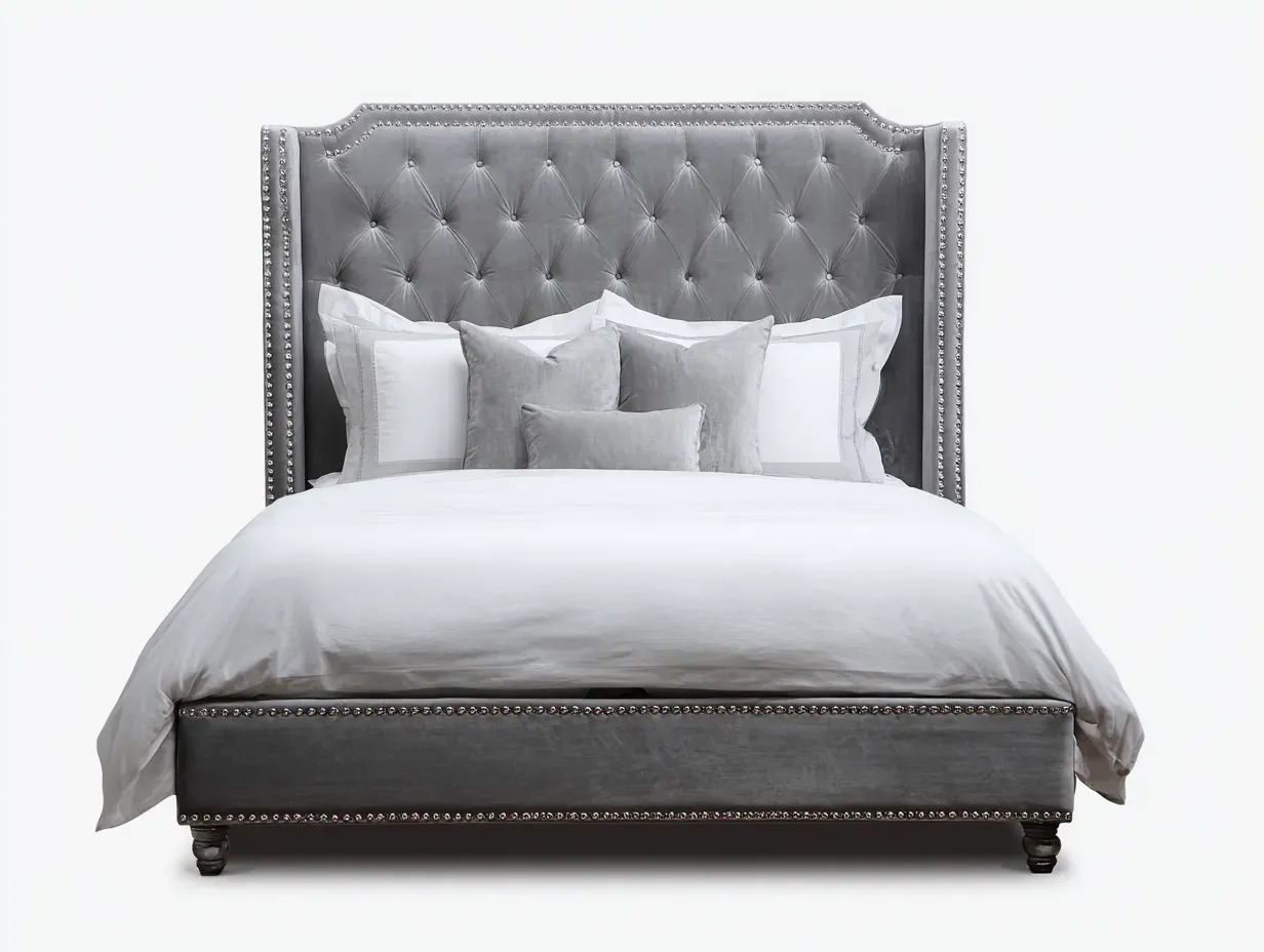 Lit double - tissu velours-bois - 214x182x125 cm - gris - style classique élégant-Roommyhome