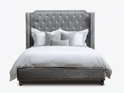 Lit double - tissu velours-bois - 214x182x125 cm - gris - style classique élégant-Roommyhome